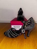 Scarpe da ballo in raso nero 5 fasce con listini , tacco 7,5