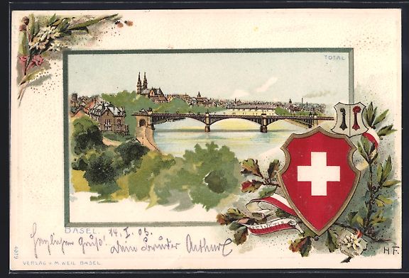 Cartes postales: Litho Basel, Totalansichte mit Brücken, – D'occasion à Berlin par bartko-reher