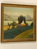 Rob. Stocker Landschaftsgemälde mit See, Gebäuden und Wiese