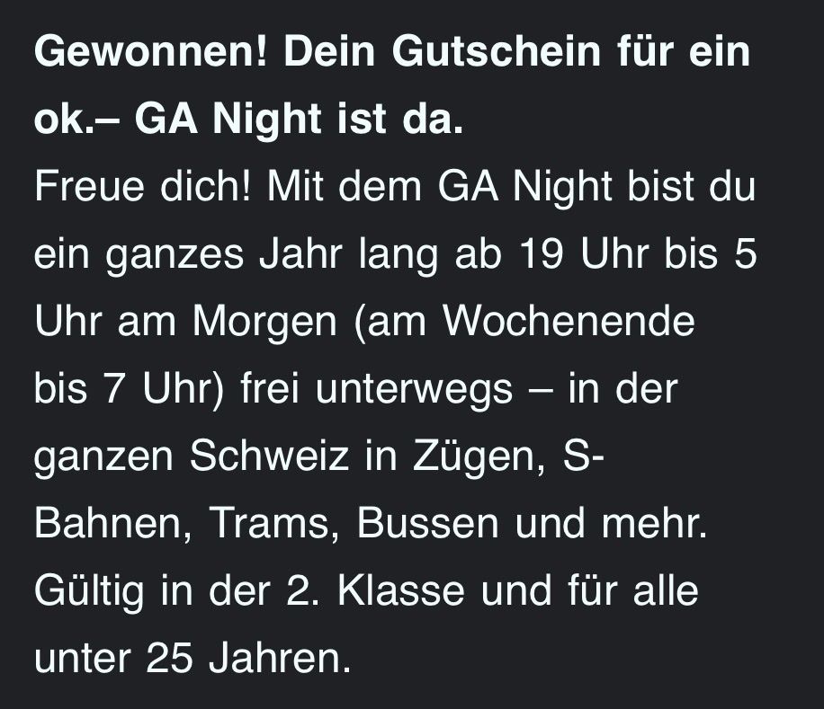 SBB/CFF/FFS Buoni: SBB GA Night Gutschein  – Nuovo e nell'imballaggio originale da Eschenz venduto da Fjolla-K 1