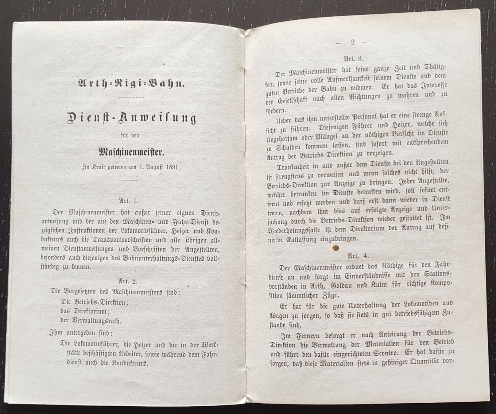 Documenti: ARB Rigi-Bahn Dienstreglement 1891 – Usato da Biberist venduto da Slick 4