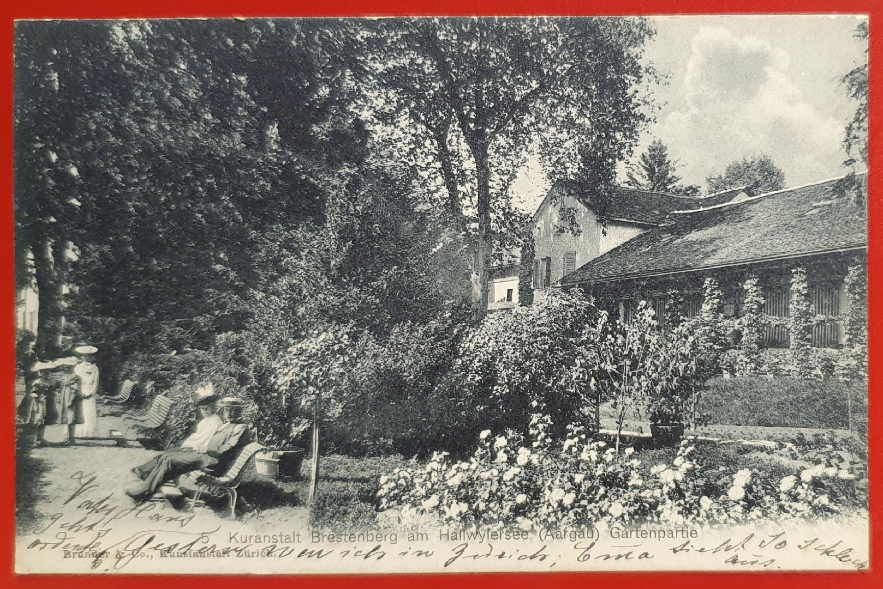 Cartoline postali: Brestenberg 1908 - Kuranstalt am Hallwilersee, Gartenpartie – Usato da Kreuzlingen venduto da Rschweiz1