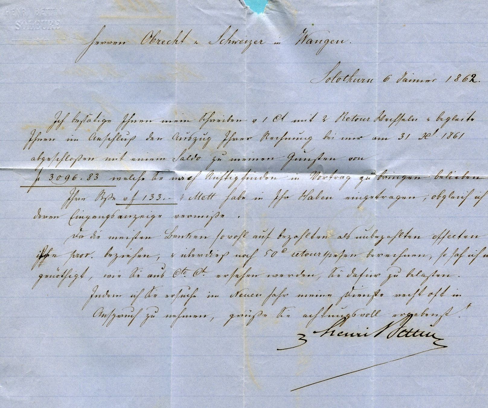 Tutti i francobolli: Faltbrief von Solothurn nach Wangen 1862 – Usato da Opfikon venduto da Prophila 1