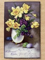 Antike Oster-Postkarte, Narzissen, Veilchen, Osterei, Ostern