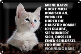 Blechschild-MEINE KATZE GUCKT MICH KOMISCH AN,K WENN ICH DUR