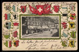 Lithographie Genève, Place Molard, Wappen der Kantone im Pas