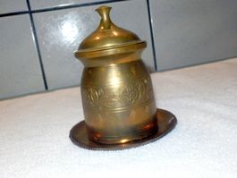 Messingdose, Ø 6cm x 7.5cm + Deckel und Unterteller, Ø 9cm