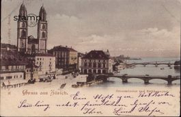 1898 AK Gruss aus Zürich Grossmünster und Rathausquai