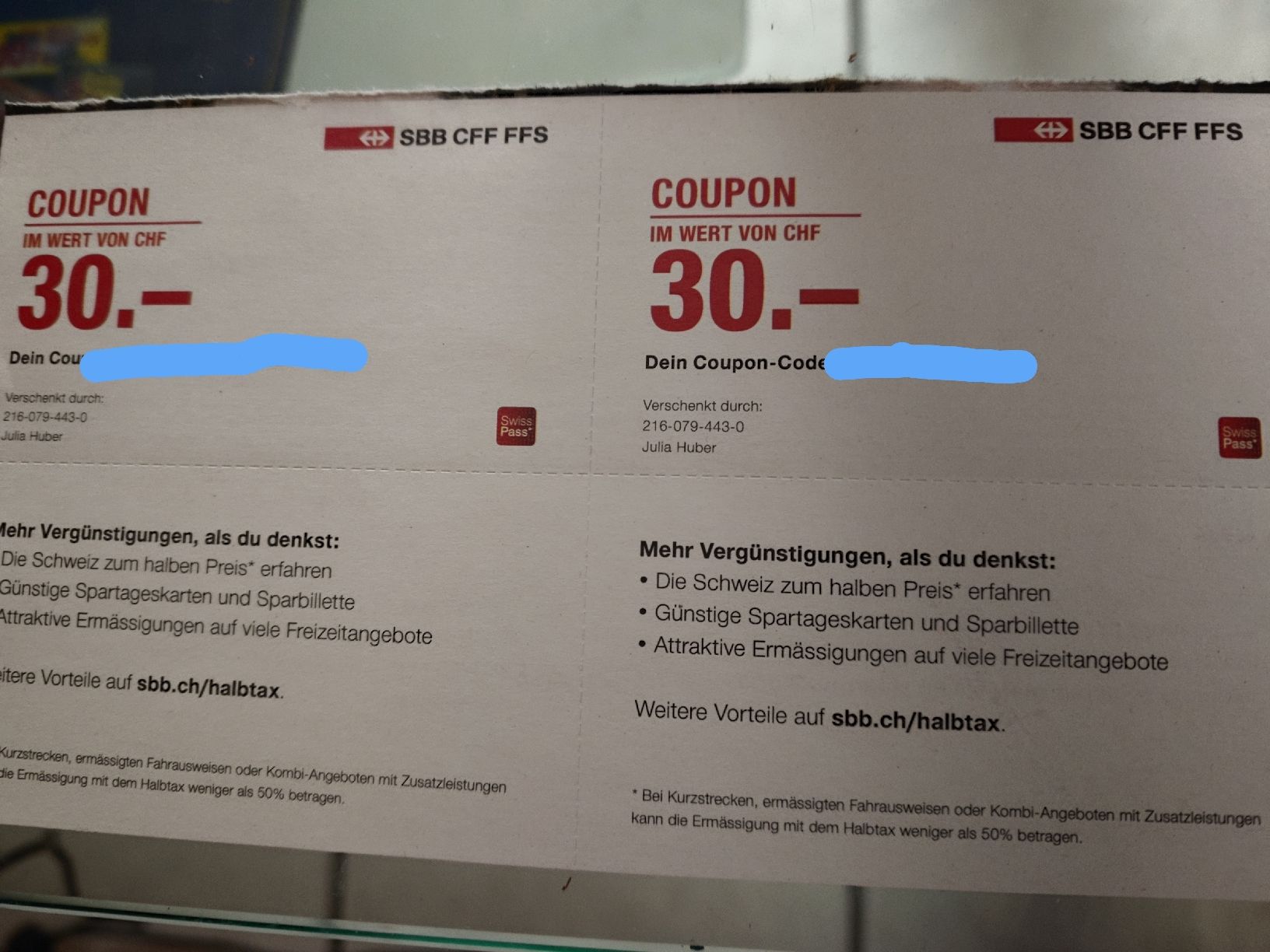 SBB/CFF/FFS Bons: 30.- ermässigung auf Halbtax – Neuf avec emballage d'origine à Sulgen par 34j_p6s2