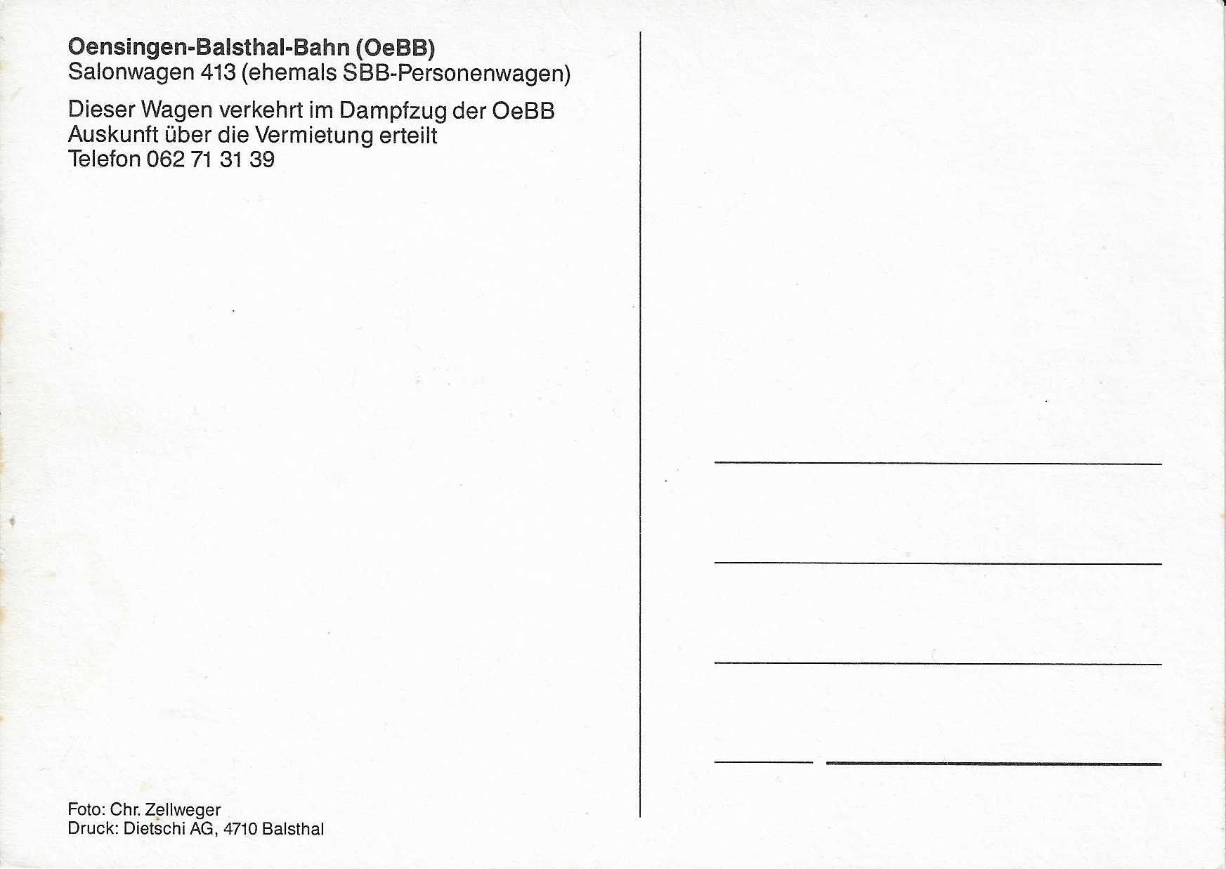 Cartoline postali: Oensingen-Balsthal-Bahn Salonwagen 413 – Nuovo (secondo la descrizione) da Rothrist venduto da Stranglehold 1