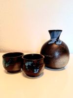 Keramik Sake Set Karaffe Becher braun blau 3tlg aus Japan