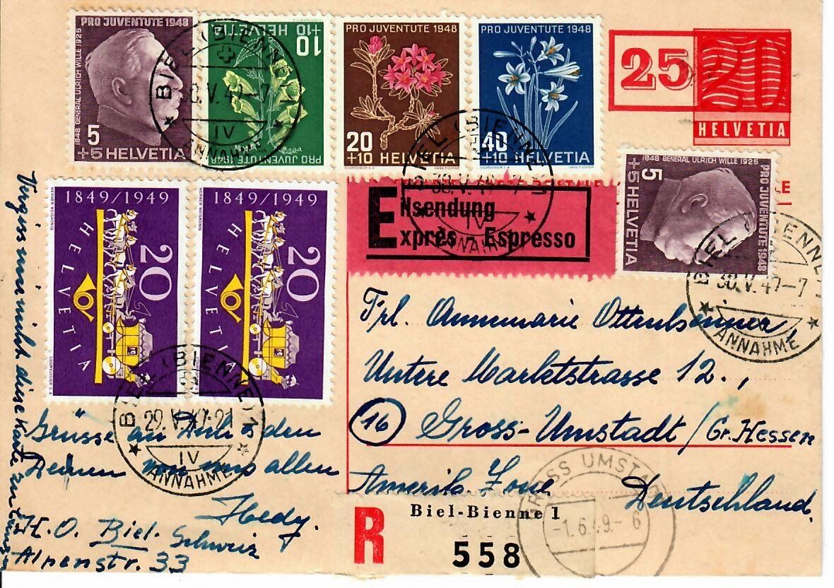 Alle Briefmarken: Express Postkarte nach Deutschland  1949 – Gebraucht aus Hochdorf von Ziegel-16