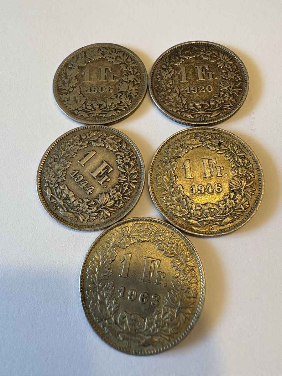Alle Münzen: 1chf Silber 1920, 1906,,1944,1963,1946 – Gebraucht aus Murten von Tzaugg 1