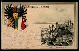 Litho Neuchatel, Chateau et les Alpes, S