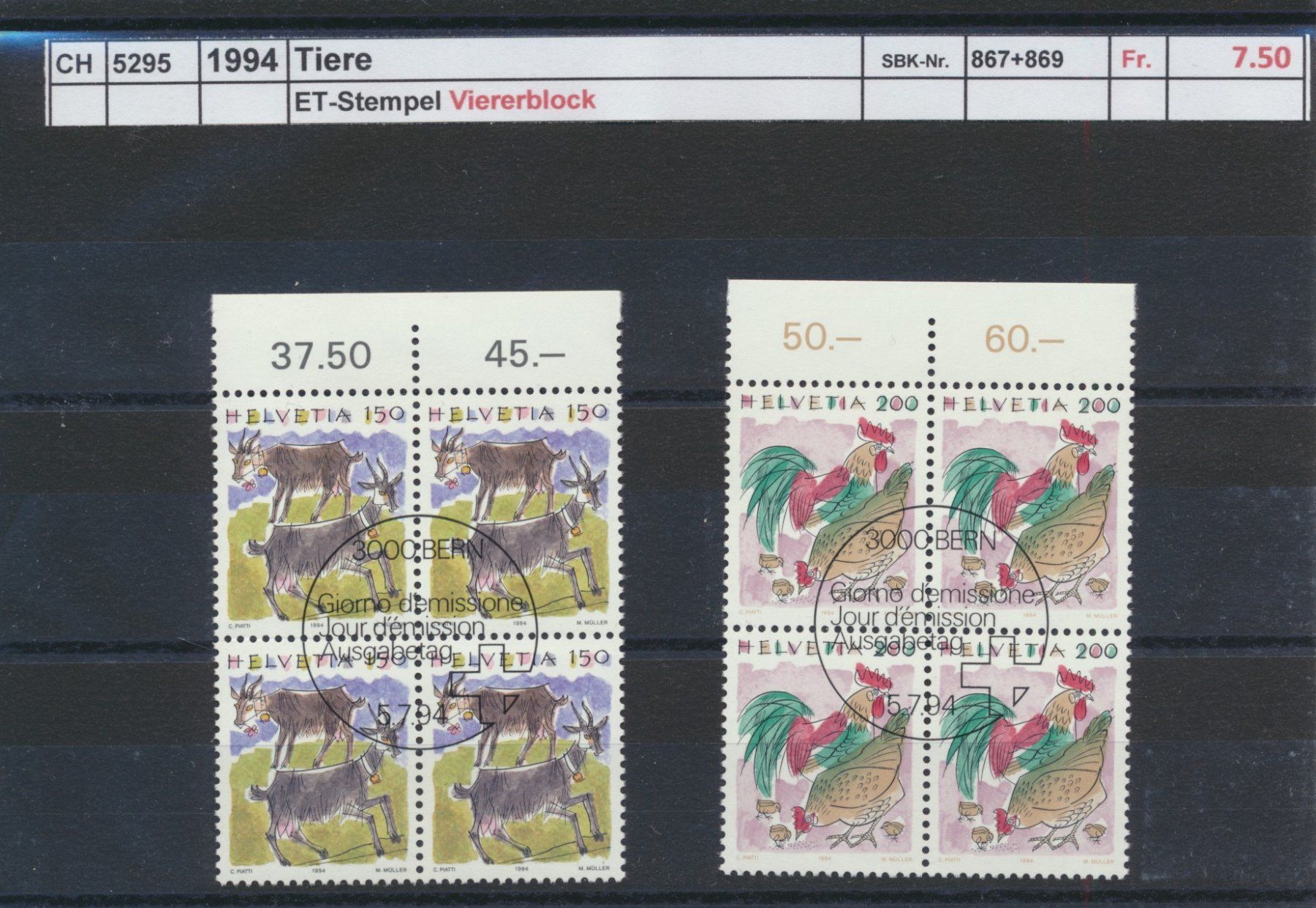 Tous les timbres: 1994 "Tiere", Viererblock, ET - Stempel – D'occasion à Winterthur par Zupogeru