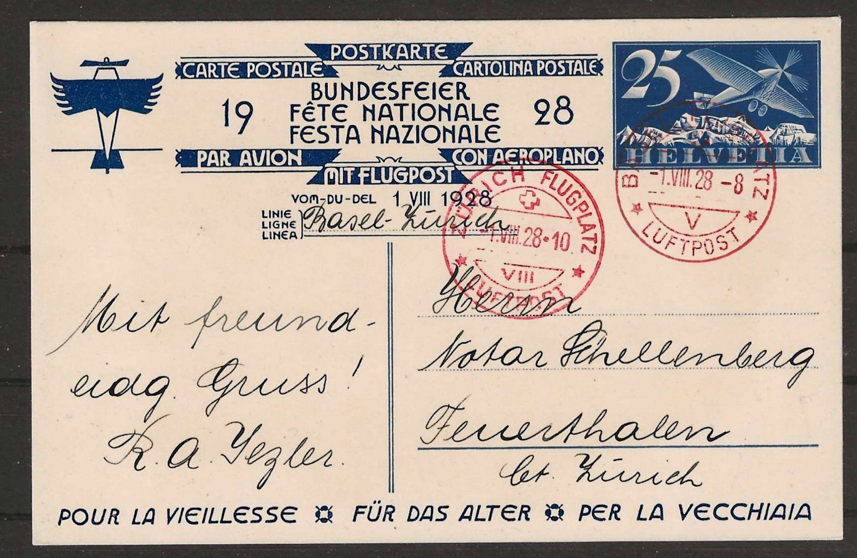 Tutti i francobolli: 1928 : Bundesfeierkarte mit Flugpost – Usato da Gümligen venduto da Geniusbuy
