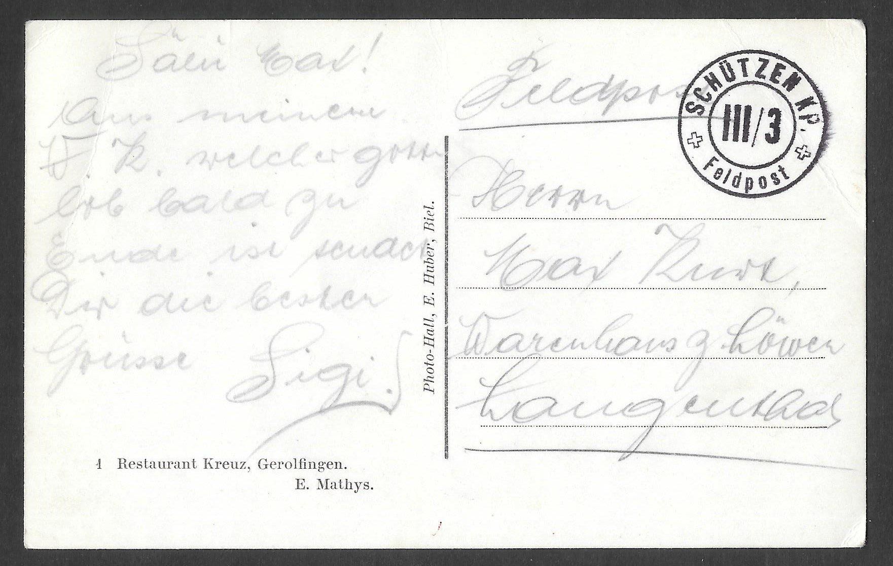 Cartoline postali: Gerolfingen Restaurant Kreuz Feldpoststempel – Usato da Olten venduto da clotaldi 1