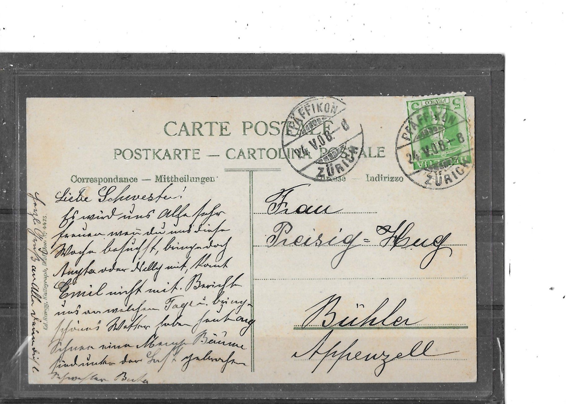 Cartoline postali: ZH Pfäffikon 1908 Dorfstrasse – Usato da Schocherswil venduto da Wilare 1