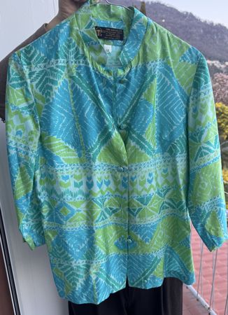 Camicia vintage seta Thai, fantasia turchese e verde