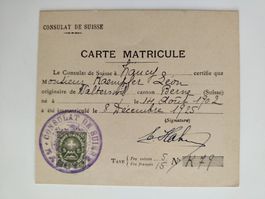 Carte Matricule Consulat Suiss 1925