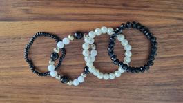 4er Set Armbänder, Perlen, Schwarz, Weiss, Modeschmuck