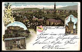 Lithographie Bern, Ortsansicht mit Kirche, Bundespalast, Erl