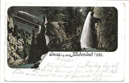 Gruss aus dem Taubenloch bei Biel (BE) Mondschein-Litho 1899