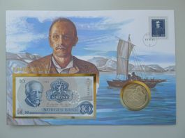 1995 Numisbrief: Fridtjof Nansen mit Medaille und Banknote