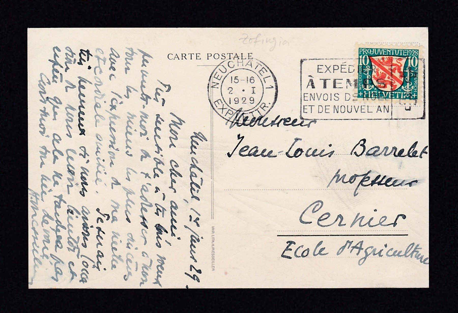 Cartoline postali: Studentika ZOFINGIA Noël 28 – Usato da Reiden venduto da cinfis 1