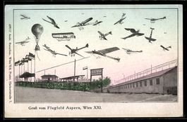 Wien-Aspern, Flugzeuge und Ballon über 