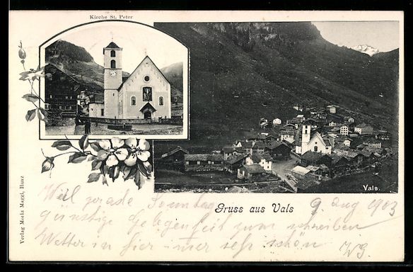 Ansichtskarten: Vals, Kirche St. Peter und Ortsansicht – Gebraucht aus Berlin von bartko-reher