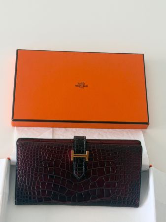 Hermès béarn Soufflet Kroko Leder Bordeaux Rarität