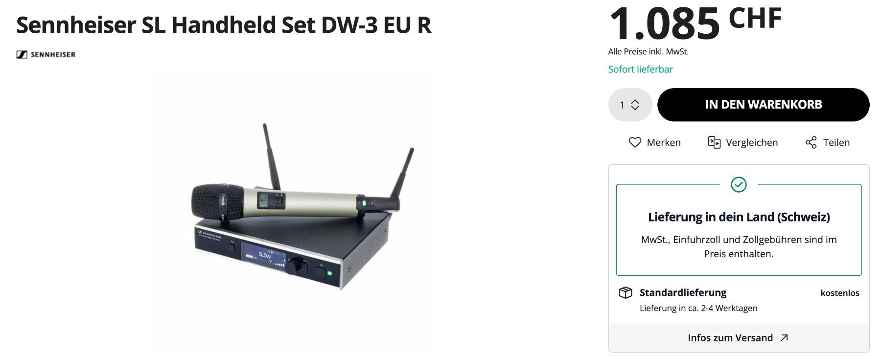 Sennheiser Microfoni: Sennheiser SL Handheld Set DW-3 EU R mit E865 Kapsel – Usato da Emmenbrücke venduto da denola