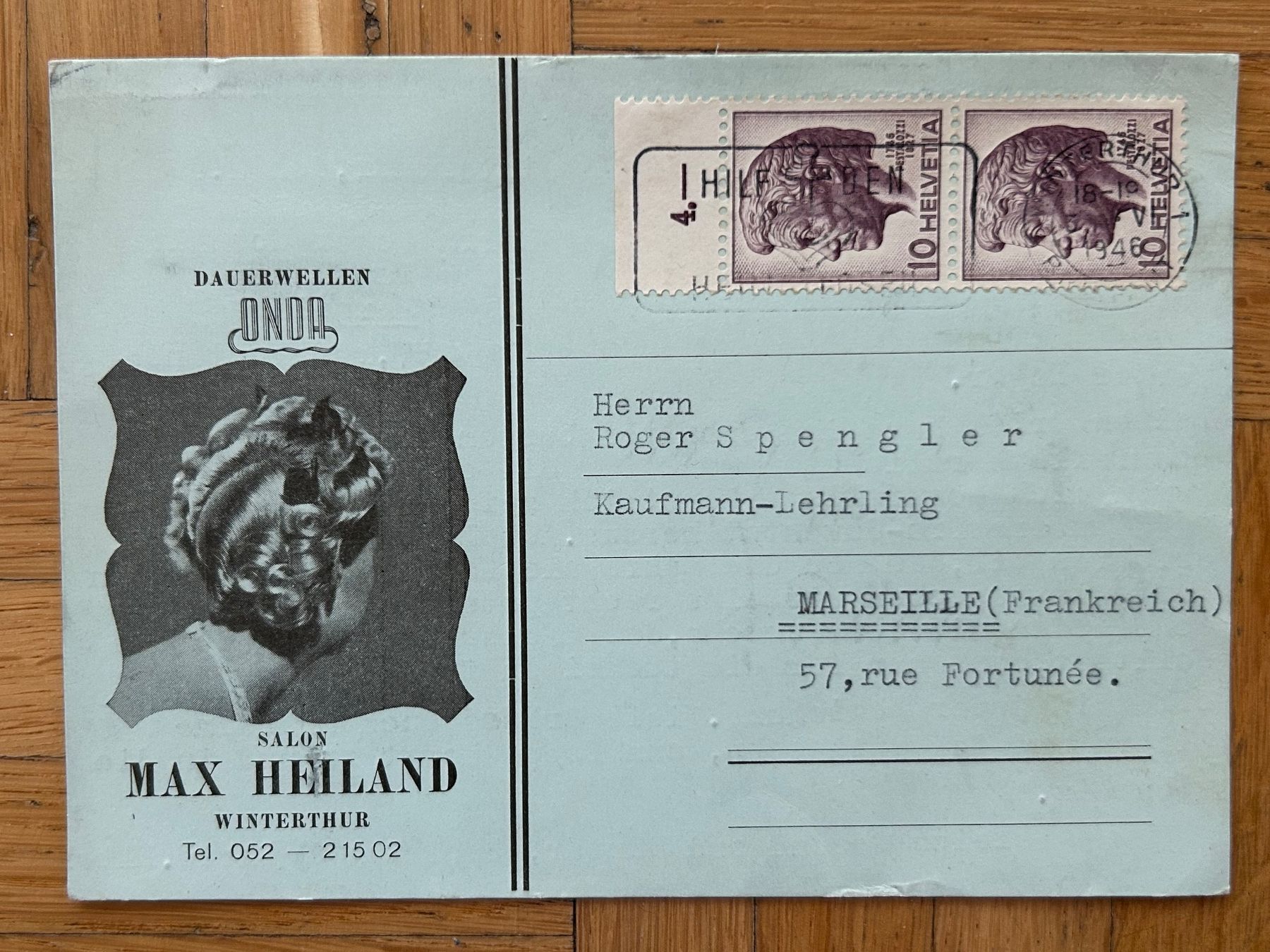 Tous les timbres: Karte Max Heiland Coiffeur, Winterthur 1946 – D'occasion à Romanshorn par luxcollect
