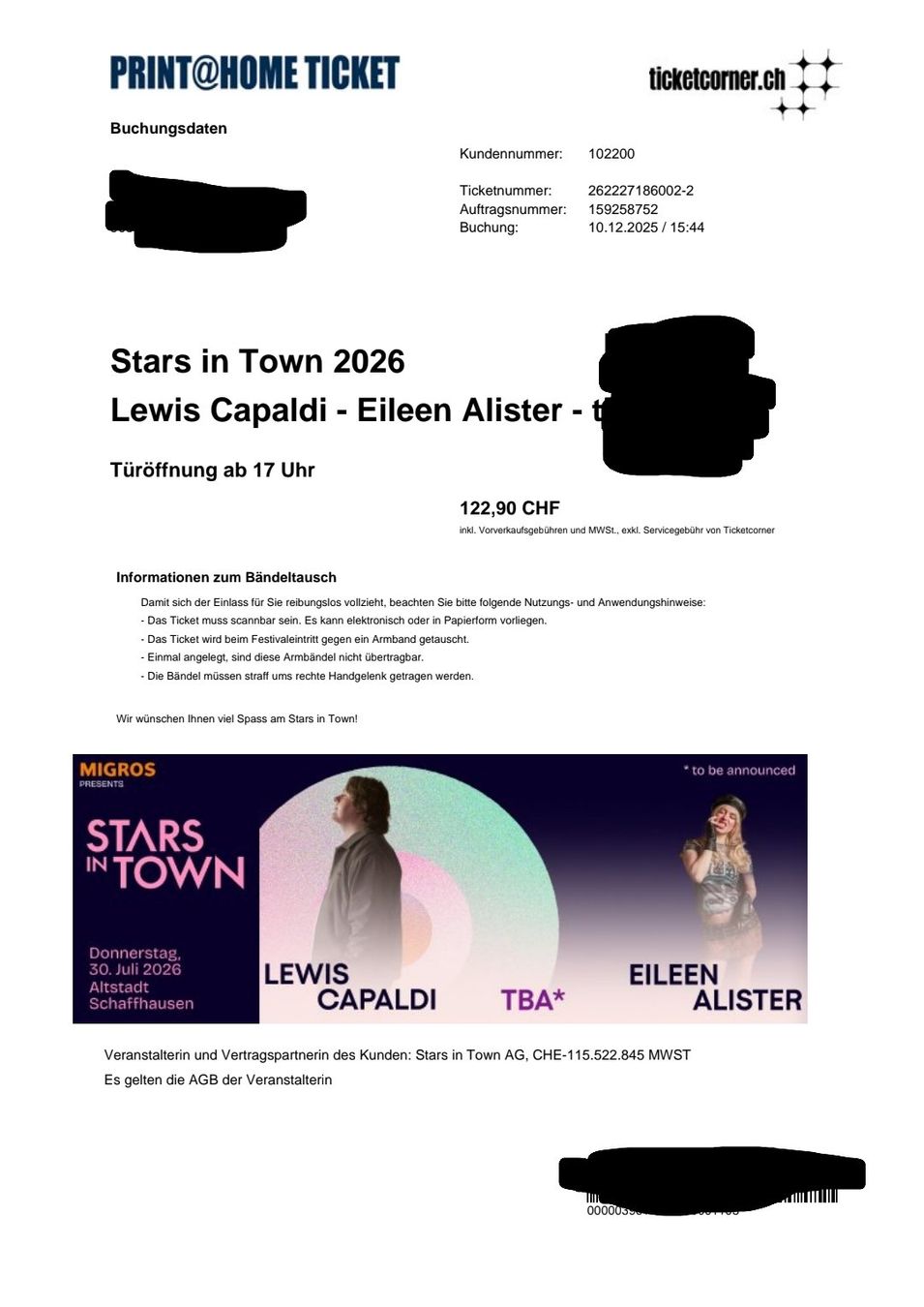 Biglietti: Ticket Stars in Town - Lewis Capaldi – Nuovo e nell'imballaggio originale da Appenzell Meistersrüte venduto da Fun777