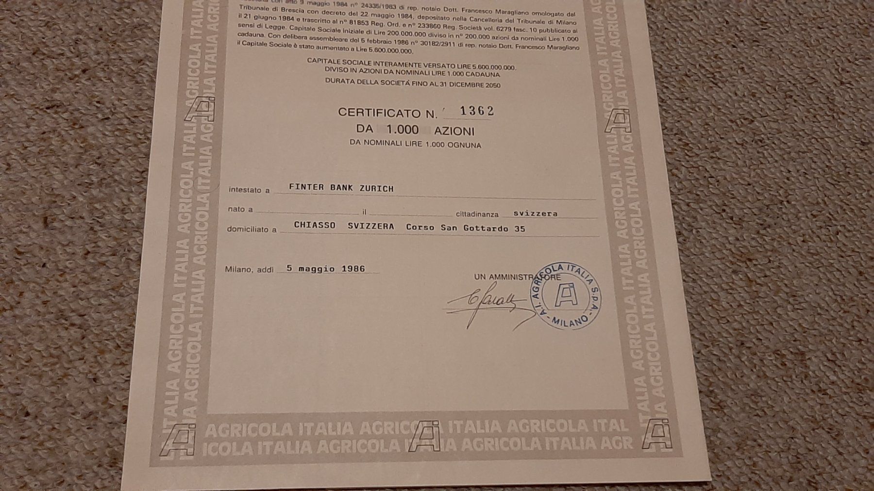 Documenti: Aktie A.I. Agricola  Italia – Nuovo (secondo la descrizione) da Porza venduto da ulletta1 4
