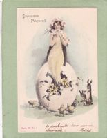 Kitsch Pâques Ei Frau Hasen Küken 1902
