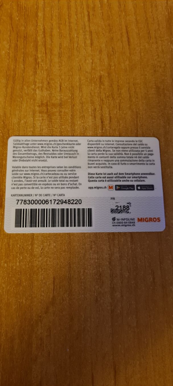 Cartes: Migros Geschenkkarte  – D'occasion à Heiligkreuz (Mels) par Wini65 1