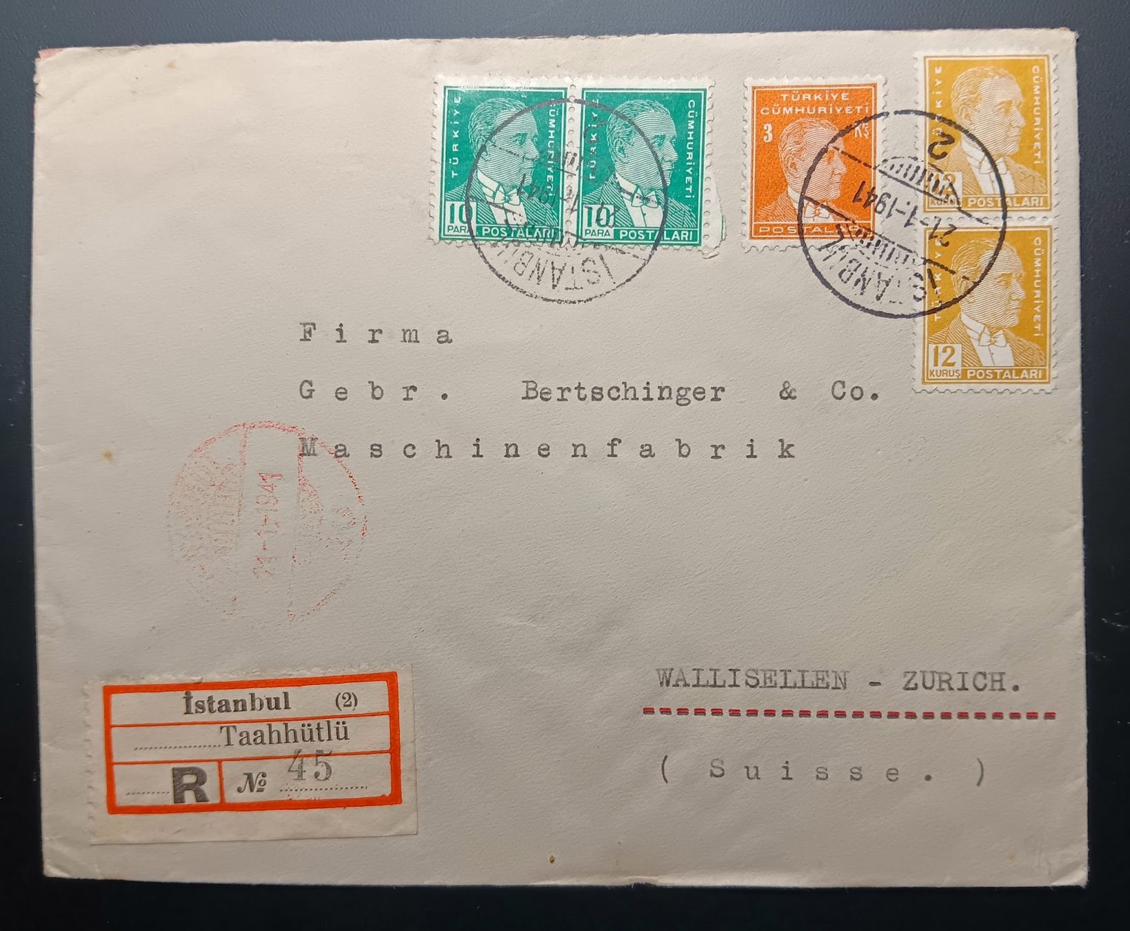 Alle Briefmarken: Türkei, Einschreibebrief nach Wallisellen 1941 – Gebraucht aus Holderbank AG von DINOS-PHILA