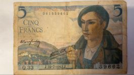 France – Billet 5 Francs Berger – 22 juillet 1943 –