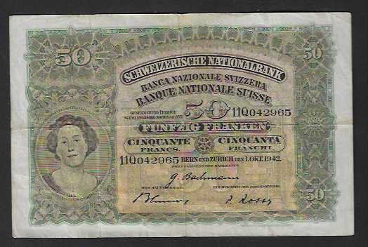 Banknoten: CH- 50  Fr.  1942  Gebraucht – Gebraucht aus Gordola von coinsandnotes