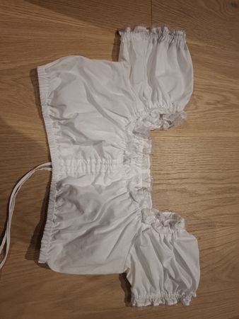 Dirndlbluse weiss Baumwolle  Organzabordüre / Carmenärmel S