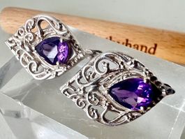 Silber Ohrstecker Spinell violett Handarbeit Dekor filigran