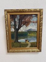 Vintage Landschaftsbild mit See, Boot und Bergpanorama