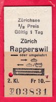 SCHIFF BILLETT, ZÜRICH - RAPPERSWIL, 2.KLASSE,RETOUR,HALBTAX