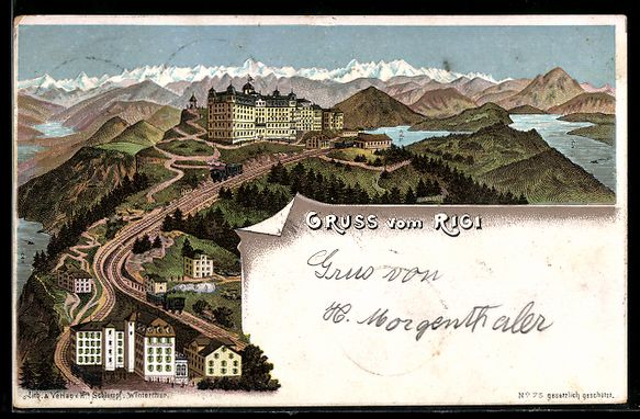 Cartoline postali: Lithographie Rigi, Totalansicht mit Hotels – Usato da Berlin venduto da bartko-reher
