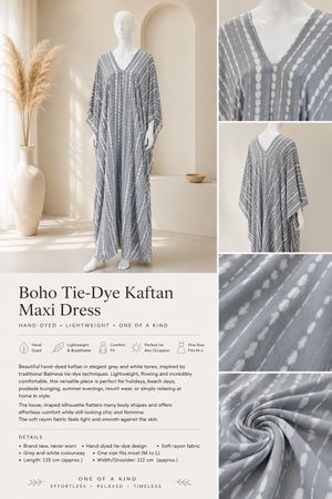 Boho Tie-Dye Kaftan Maxi Dress Grey White – New 🩶