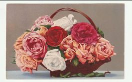 1917, Romantische Postkarte Stillleben aus Rosen in Korb