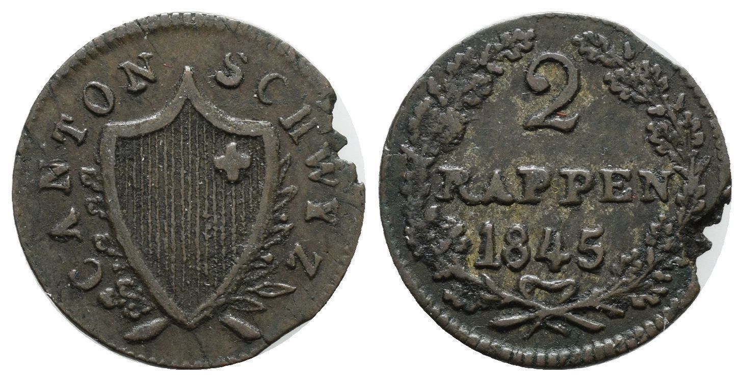 Alle Münzen: Schwyz  2 Rappen 1845 /3700 – Gebraucht aus Trimbach von Solothurn1