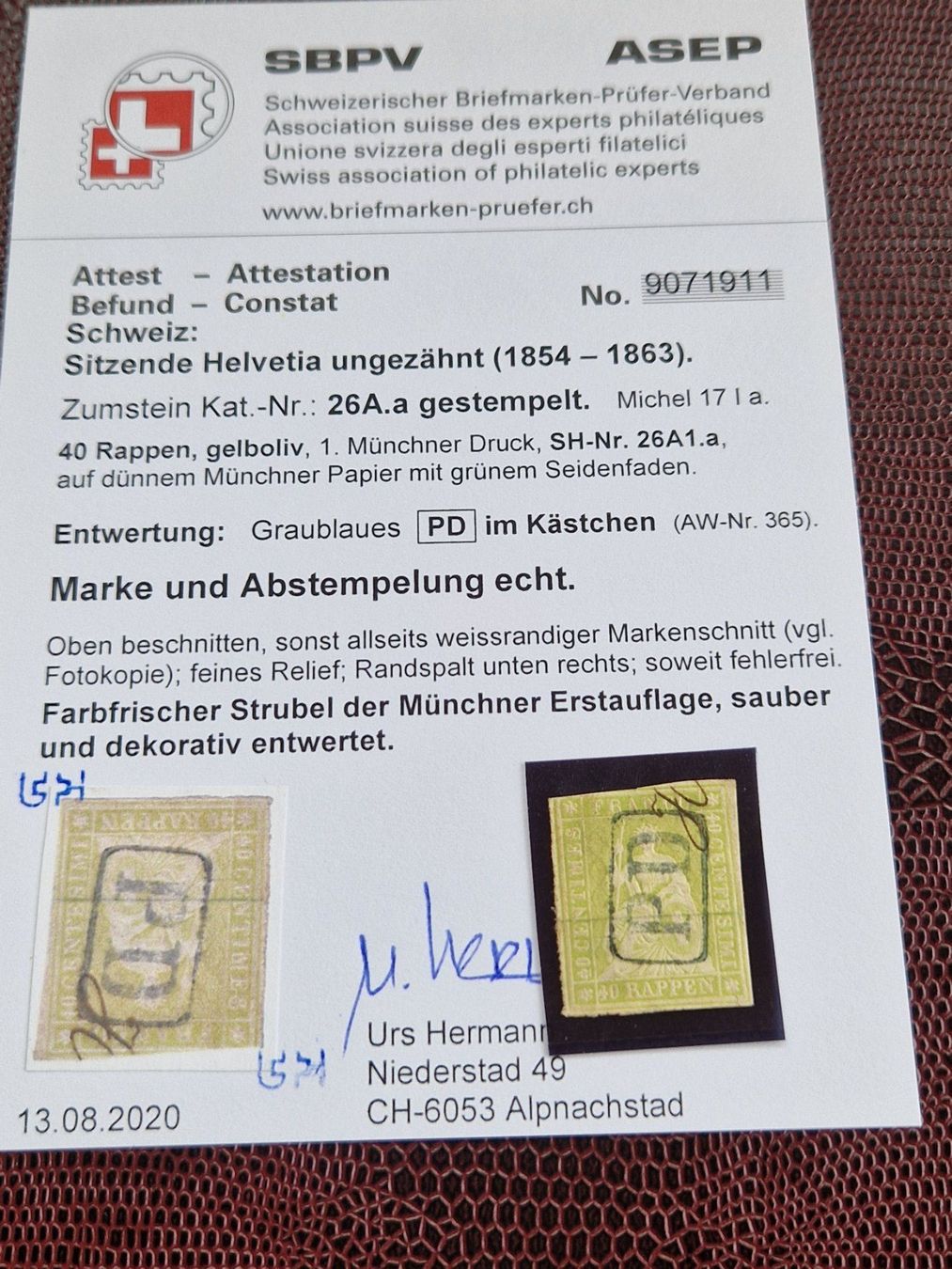 Tutti i francobolli: Strubel 26Aa, Attest, graublaues PD, ab 1.- – Usato da Burgdorf venduto da Glossy01